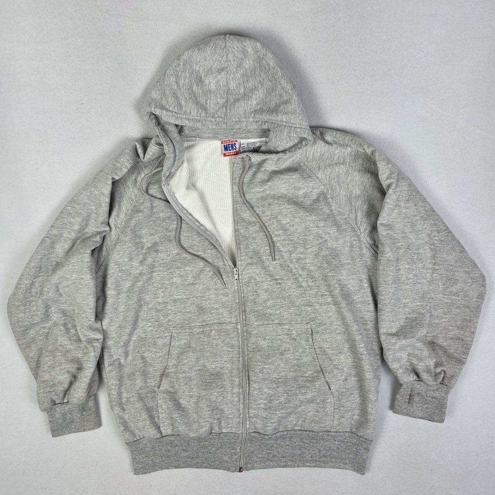 VTG 80s Athletic Works Hoodie Mens XL Gray Thermal Lined Full Zip Grunge Skater